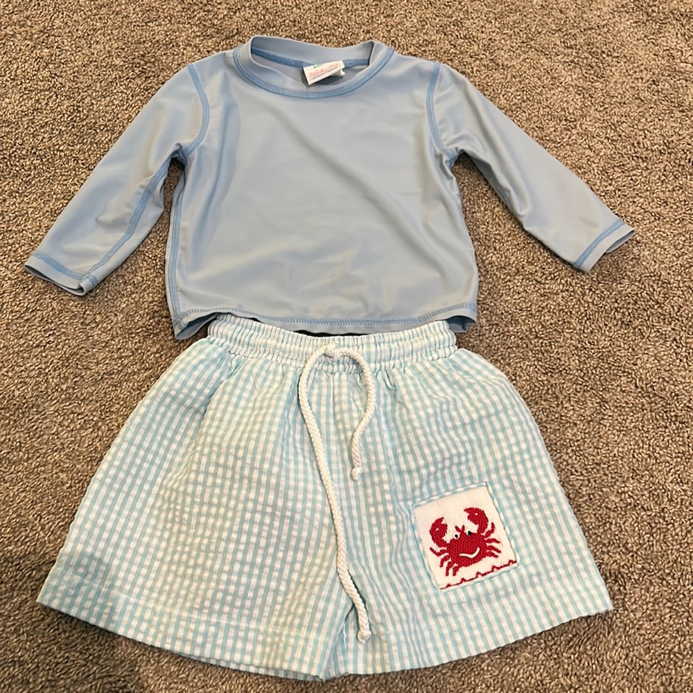 Stitchy Fish sun shirt 18-24M, Stichy Fish seer sucker swim trunks 24M
